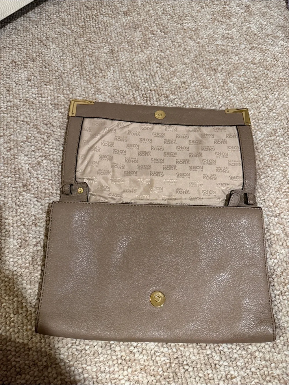 Michael Kors Taupe Leather Fold-Over Clutch with Gold Accents